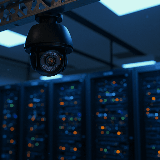 Una cámara de seguridad cuelga del techo en un centro de datos, vigilando numerosos gabinetes de servidores con luces parpadeantes en un entorno tenuemente iluminado y de tonos azules.