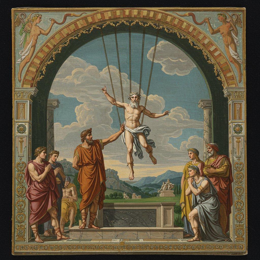 La imagen muestra una pintura clásica de un deus ex machina en la que aparece una figura divina suspendida por cables de maquinaria escénica, que desciende de los cielos para resolver una escena dramática.