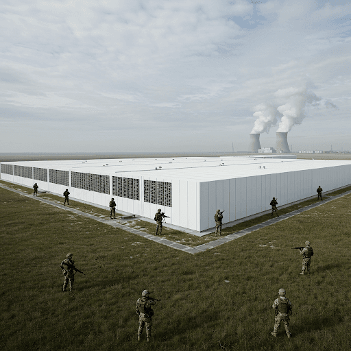 Soldados armados montan guardia alrededor de un gran edificio blanco y moderno cerca de una central nuclear con torres de refrigeración humeantes.
