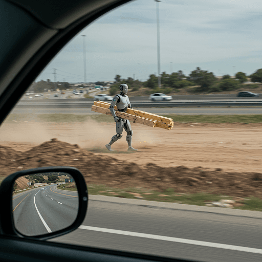 Desde el asiento del pasajero de un coche, se ve a un robot humanoide transportando madera en una obra junto a una concurrida autopista. La autopista se refleja en el retrovisor lateral del coche.