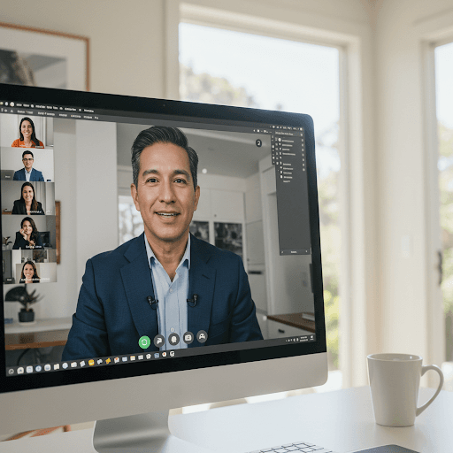 El monitor de una computadora muestra una videoconferencia en la que aparece un hombre con chaqueta azul. Otros participantes aparecen en ventanas más pequeñas a la izquierda de la pantalla.