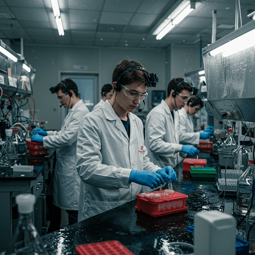 Varios jóvenes con batas de laboratorio y auriculares trabajan atentamente en un moderno laboratorio. Llevan gafas de seguridad y manipulan tubos de ensayo en bancos de laboratorio húmedos.