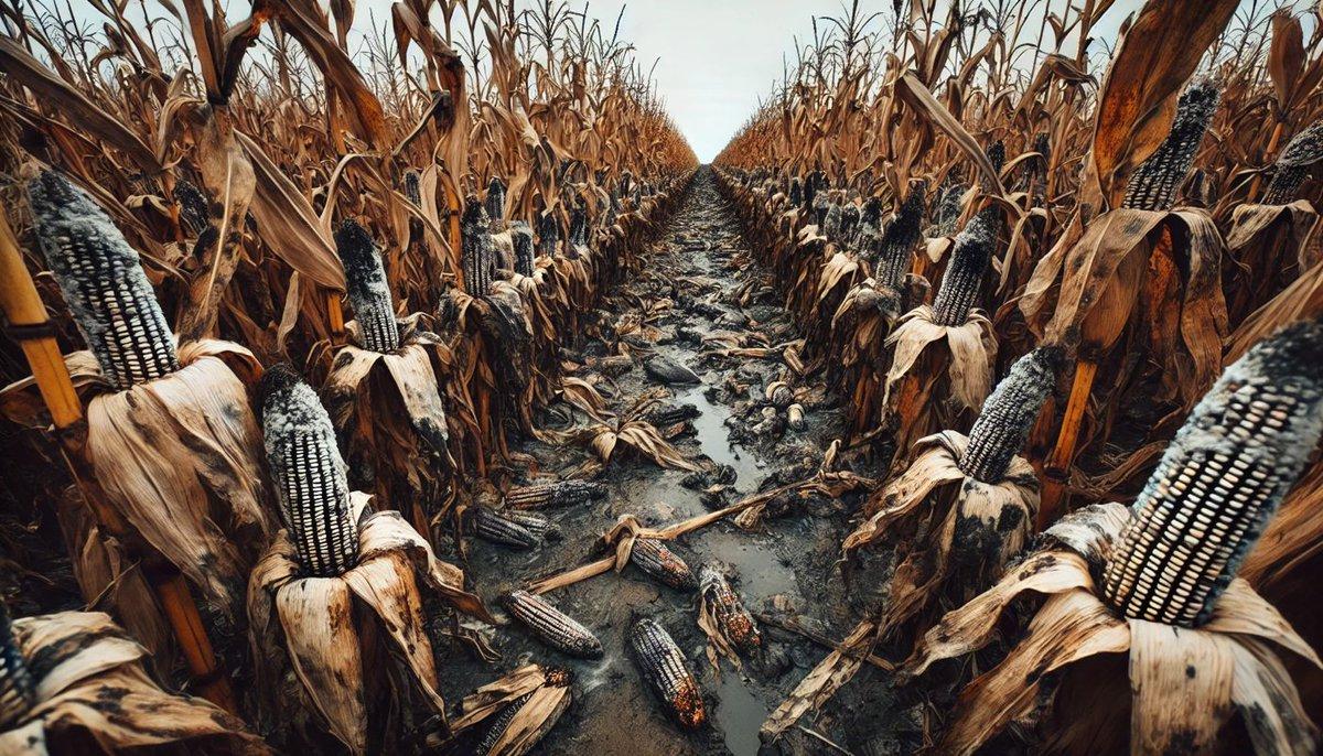 La imagen muestra un campo de tallos de maíz marchitos bajo un cielo nublado. Mazorcas oscuras y mohosas permanecen en los tallos o yacen esparcidas por el camino embarrado entre las hileras.