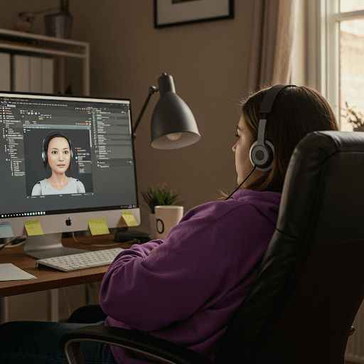Una persona con auriculares está sentada ante un ordenador, viendo un software que muestra un modelo 3D de un avatar femenino que también lleva auriculares.