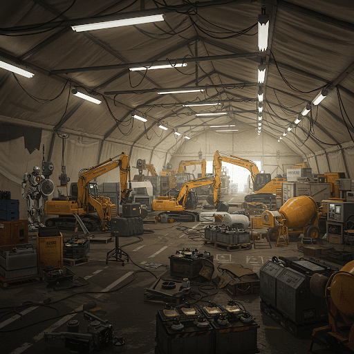 En el interior de un gran hangar, hay almacenadas varias excavadoras amarillas, una hormigonera, y otros equipos de construcción.