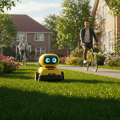 Un pequeño robot amarillo se sienta en un césped verde de un soleado barrio suburbano mientras un hombre y una mujer montan en bicicleta por un sendero cercano.