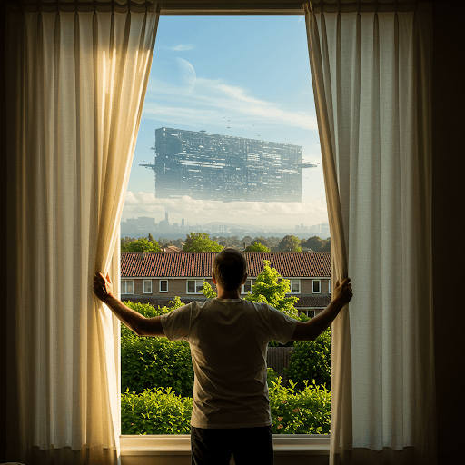 Una persona abre las cortinas para observar una enorme nave espacial rectangular que planea sobre un paisaje suburbano, con el perfil de una ciudad a lo lejos y una luna en el cielo.