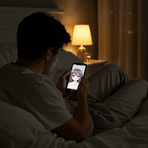 Un joven está en la cama por la noche, mirando su smartphone que muestra un personaje de anime. Una lámpara de cabecera ilumina tenuemente la habitación.