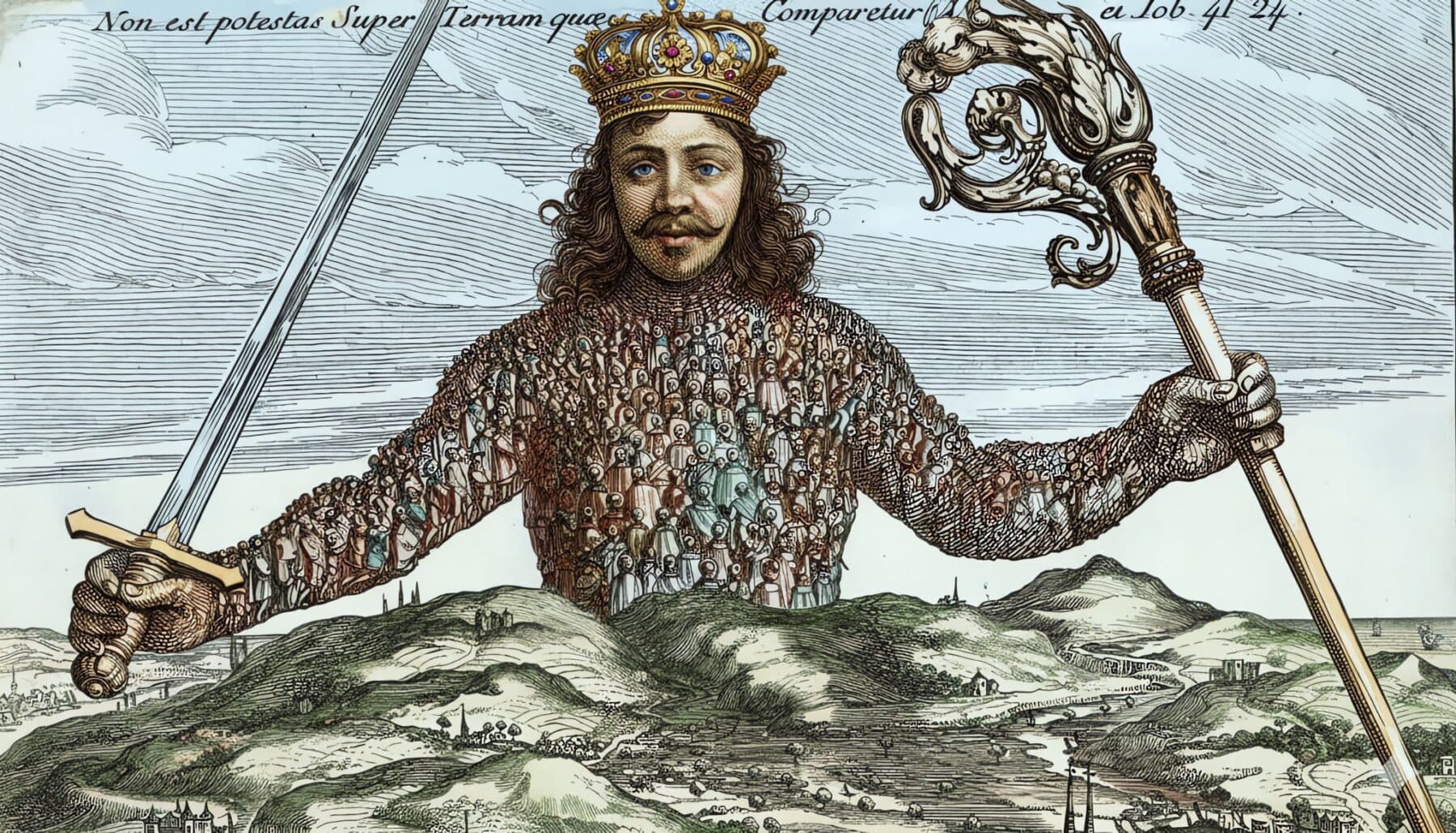 Se trata de un grabado histórico que representa a un monarca coronado o una figura soberana cuyo cuerpo está compuesto por numerosas figuras humanas diminutas, que simbolizan el cuerpo político. La figura sostiene una espada y un cetro mientras se encuentra de pie sobre un paisaje, lo que representa el concepto de que un gobernante encarna a toda su población.