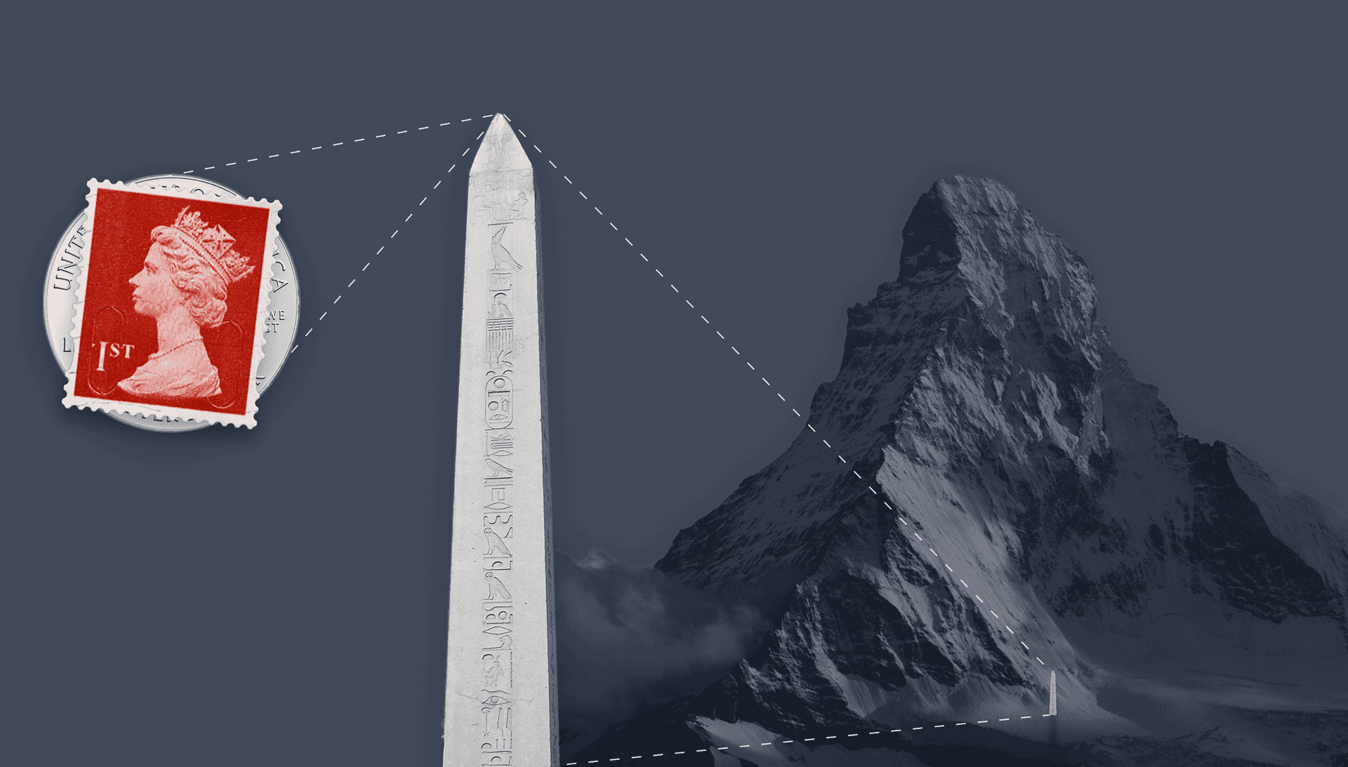 La imagen muestra una composición que compara los tamaños de un sello de la Reina Isabel Segunda, un obelisco egipcio a su izquierda y la montaña Matterhorn. Las líneas punteadas conectan las tres figuras y resaltan la diferencia de tamaño.