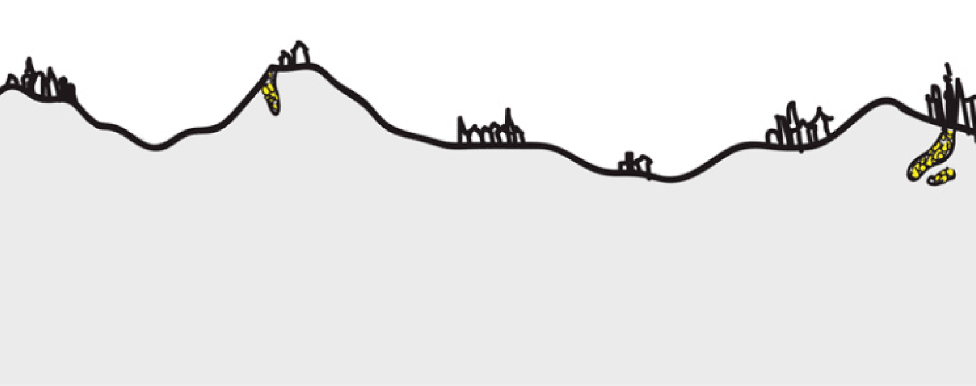 La imagen muestra una línea ondulada horizontal que simula un paisaje con montañas y colinas, y varias zonas marcadas con pequeñas áreas amarillas y negras, que representan construcciones y minas de oro.