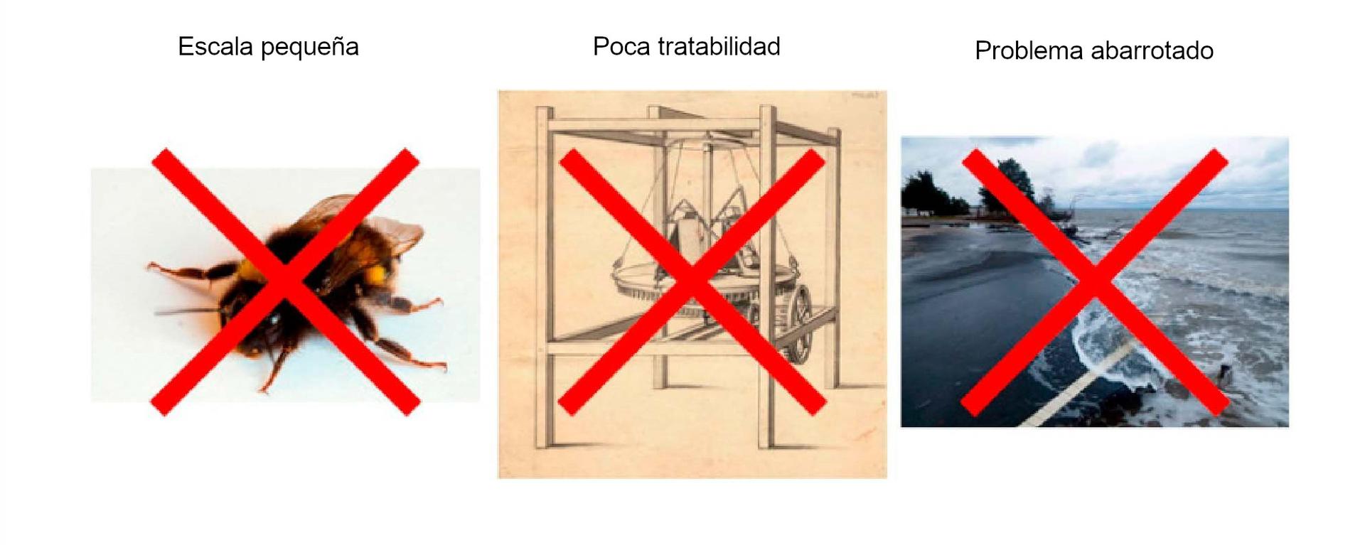 La imagen muestra tres paneles en los que cada uno presenta una fotografía con una gran 'X' roja superpuesta. Cada panel tiene un texto que indica una razón de descarte: 'Escala pequeña', 'Poca tratabilidad', y 'Problema abarrotado'.