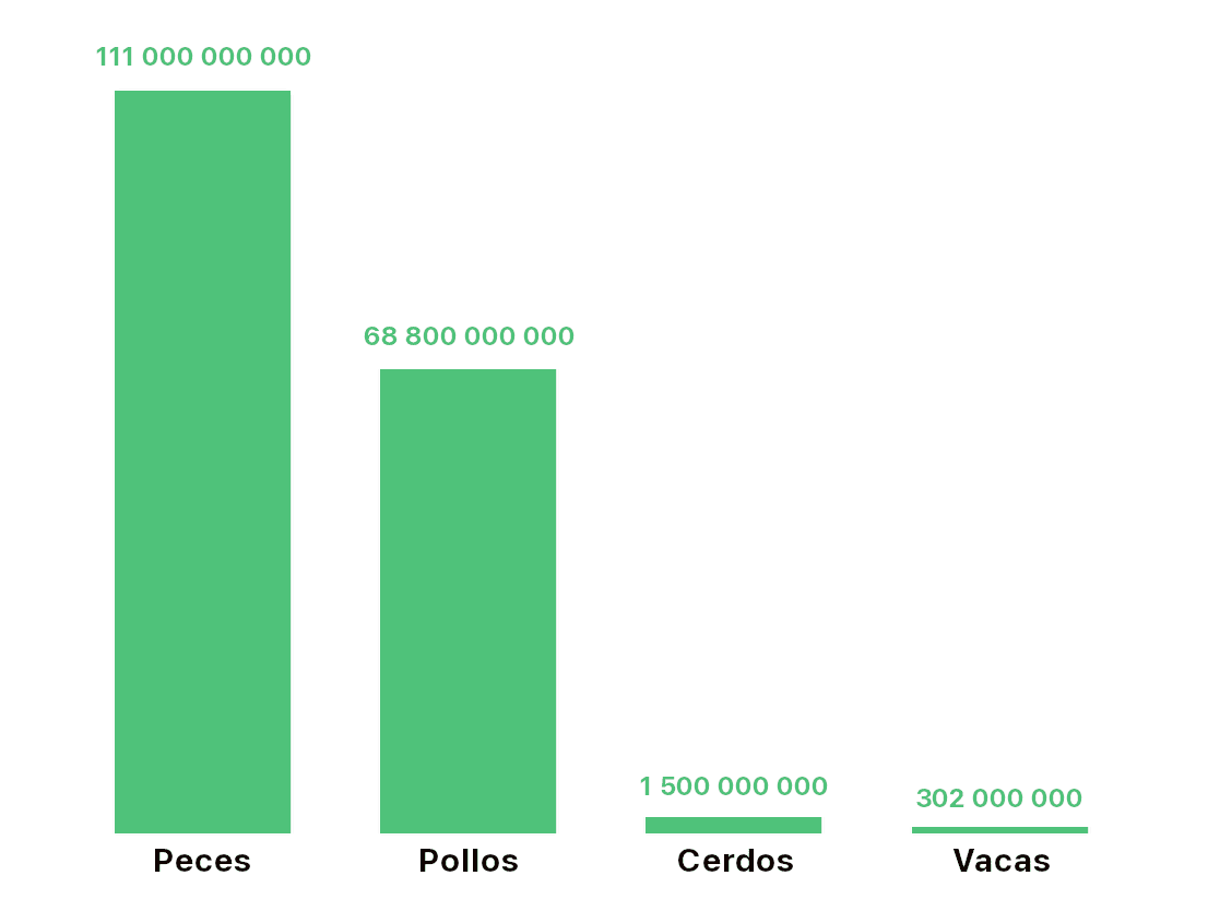 La imagen muestra un gráfico de barras con cuatro categorías: Peces, Pollos, Cerdos y Vacas, indicando las cantidades respectivas que van desde los 111 mil millones para los peces hasta los 302 millones para las vacas.