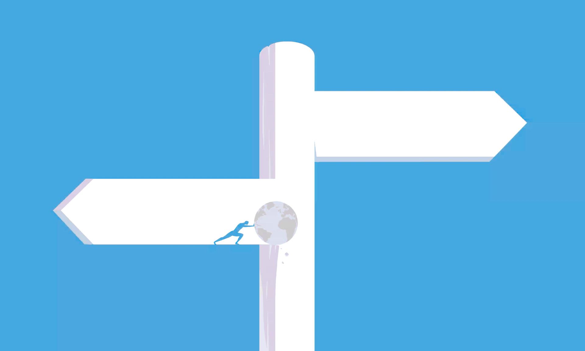 La imagen muestra una señal de dirección blanca con múltiples flechas apuntando en distintas direcciones sobre un fondo rojo, con una pequeña figura de una persona empujando un globo terráqueo en la intersección central, simbolizando la navegación global o la toma de decisiones.