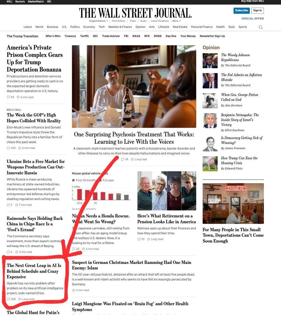 La imagen muestra la portada de The Wall Street Journal del día en que se anunciaron los resultados de o3.