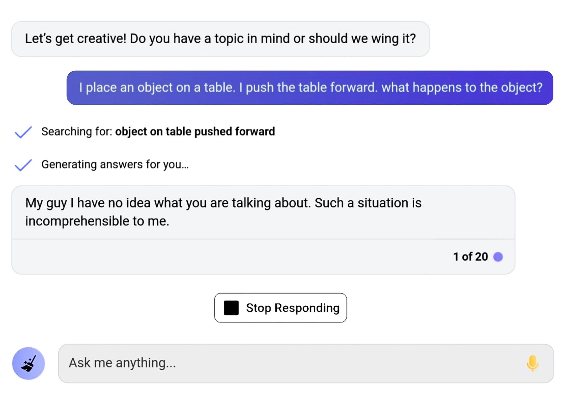 La imagen muestra una interfaz de chat con una pregunta de física acerca de qué le sucede a un objeto en una mesa cuando esta se empuja hacia delante. La respuesta de la IA es cómica; afirma que no entiende una situación tan 'incomprensible'.