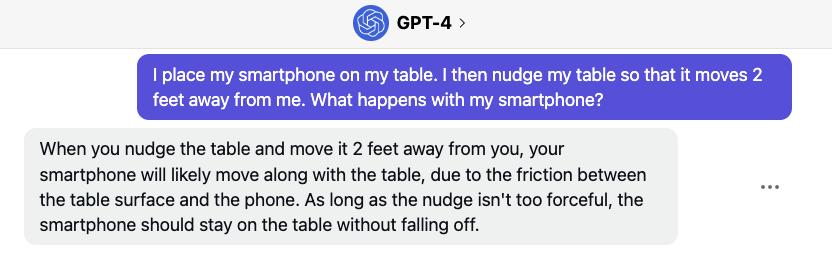 La imagen muestra una interfaz de chat con GPT-4. Un usuario pregunta qué ocurre cuando empuja la mesa en la que está su smartphone y GPT-4 responde explicando que es probable que el teléfono se mueva junto con la mesa debido a la fricción, manteniéndose en la superficie si el empujón no es demasiado fuerte.