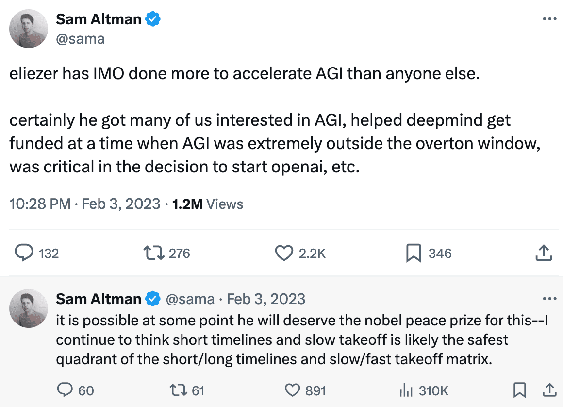 La imagen muestra dos tuits de Sam Altman discutiendo el impacto del investigador Eliezer Yudkowski en la aceleración del desarrollo de la Inteligencia Artificial General, y mencionando la posibilidad de que él merezca un premio Nobel de la Paz por sus contribuciones.