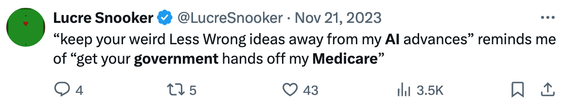 La imagen muestra un tuit del usuario Lucre Snooker, publicado el 21 de noviembre de 2023, que compara LessWrong y la inteligencia artificial con Medicare y el gobierno.