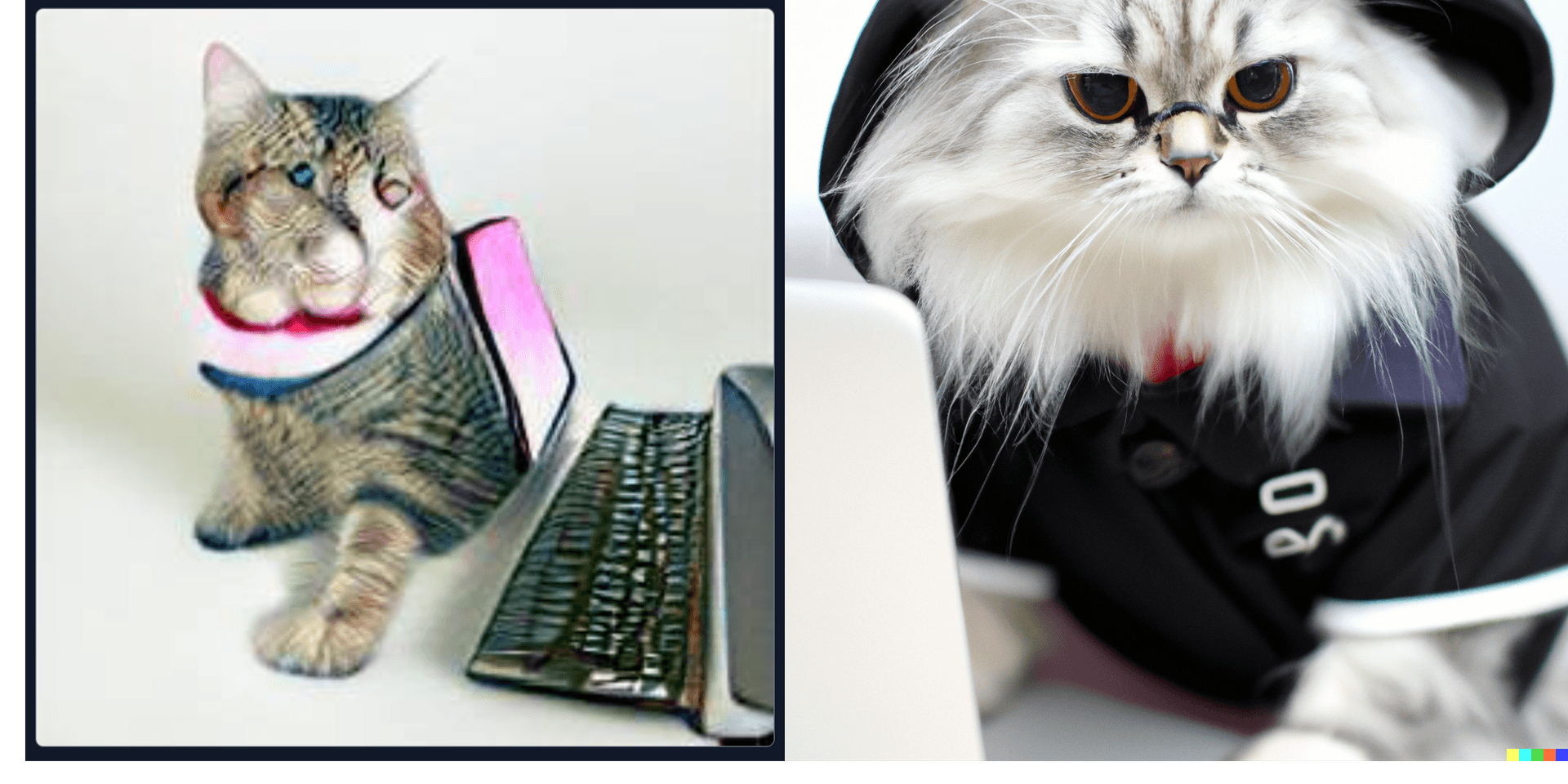 La imagen doble muestra dos gatos en situaciones antropomórficas. La imagen de la izquierda, un tanto defectuosa, muestra un gato sentado frente a una computadora portátil, como si estuviera trabajando o jugando. La imagen de la derecha, muy realista, muestra otro gato con un atuendo que se asemeja a un traje formal o uniforme, con un sombrero y parece estar mirando de forma seria o profesional.