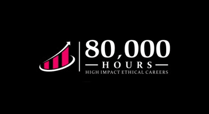 La imagen muestra un logotipo que consta de una ilustración estilizada similar a un reloj de arena y el texto '80,000 HOURS' junto con el lema 'HIGH IMPACT ETHICAL CAREERS', todo sobre un fondo negro.