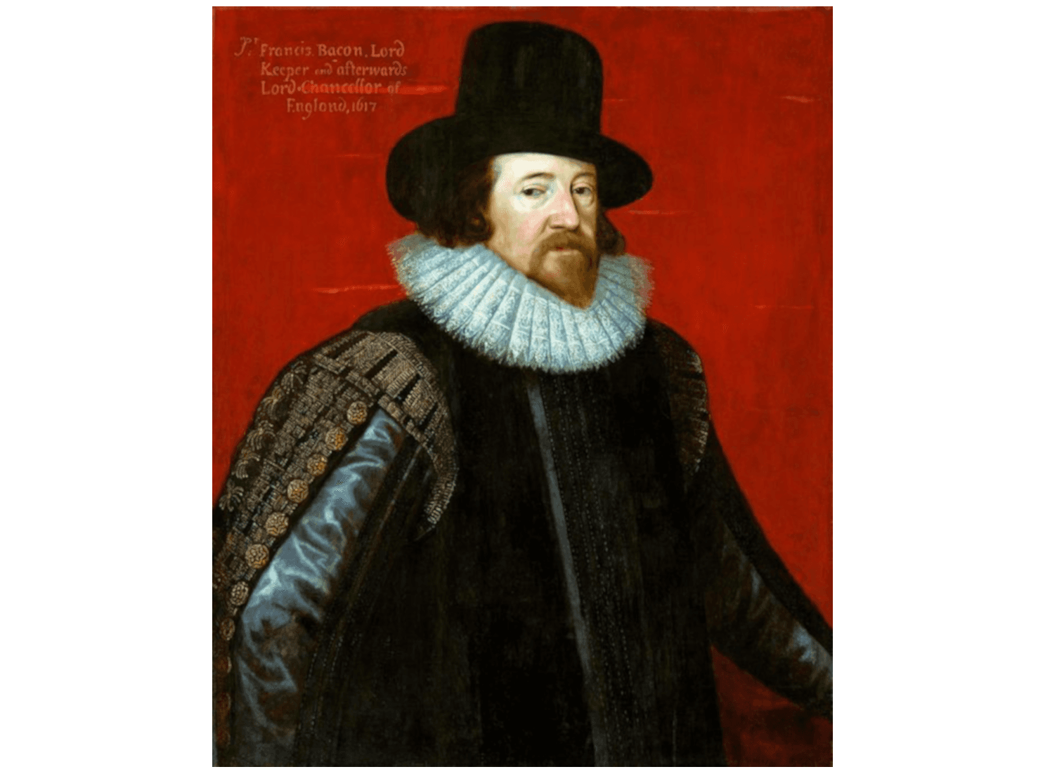 La imagen muestra un retrato de Francis Bacon, con vestimenta de estilo renacentista, incluyendo un gran sombrero y un cuello de gorguera. El fondo es predominantemente rojo con texto descriptivo en la esquina superior izquierda.