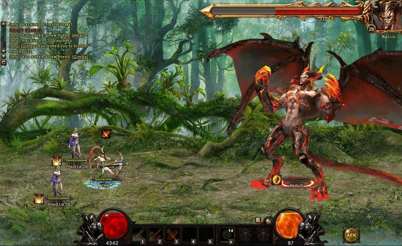 Escena de videojuego de fantasía en la que unos personajes luchan contra un gran demonio en un exuberante entorno boscoso.