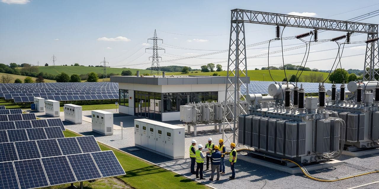 Vista aérea de una subestación eléctrica y una instalación de energía solar en un día soleado. En primer plano, hileras de paneles solares fotovoltaicos de color azul oscuro están inclinadas hacia el sol sobre un campo cubierto de hierba. En el centro, un pequeño edificio de control blanco se encuentra junto a armarios grises de conmutadores metálicos. A la derecha, grandes transformadores eléctricos grises y equipos de alta tensión están montados bajo un pórtico metálico atravesado por cables y aisladores. Un grupo de cinco trabajadores con chalecos amarillos de alta visibilidad y cascos blancos se encuentra reunido frente a los transformadores, consultando un documento. Al fondo, una torre reticulada de transmisión de acero se alza sobre unas colinas verdes ondulantes y un cielo azul pálido con algunas nubes dispersas.