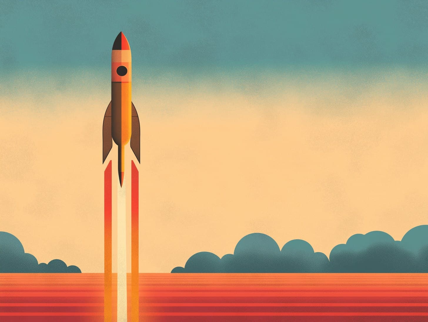 Ilustración de estilo retro de un cohete naranja que despega en vertical dejando una estela de fuego sobre un horizonte de franjas rojas y anaranjadas, con nubes verdeazuladas y un cielo de tonos crema.
