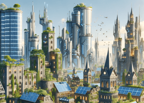 Una pintura digital de un exuberante paisaje urbano solarpunk a la luz del día, con altos rascacielos futuristas, torres de estilo gótico y edificios más bajos con techos verdes, todos cubiertos de vegetación y paneles solares, con pájaros volando en lo alto.