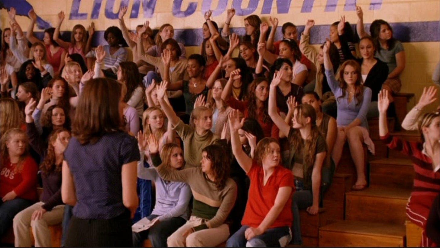 Fotograma de la película de 2004 *Mean Girls* en el que se ve un gran auditorio lleno de estudiantes de instituto, en su mayoría chicas jóvenes con ropa informal de principios de la década de 2000, apiñadas en las gradas con casi todas las manos levantadas; una profesora está de pie en primer plano, de espaldas a la cámara, y una pancarta morada con el lema «LION COUNTRY» recorre la pared de bloques de hormigón que hay detrás de ellas. Texto: LION COUNTRY.