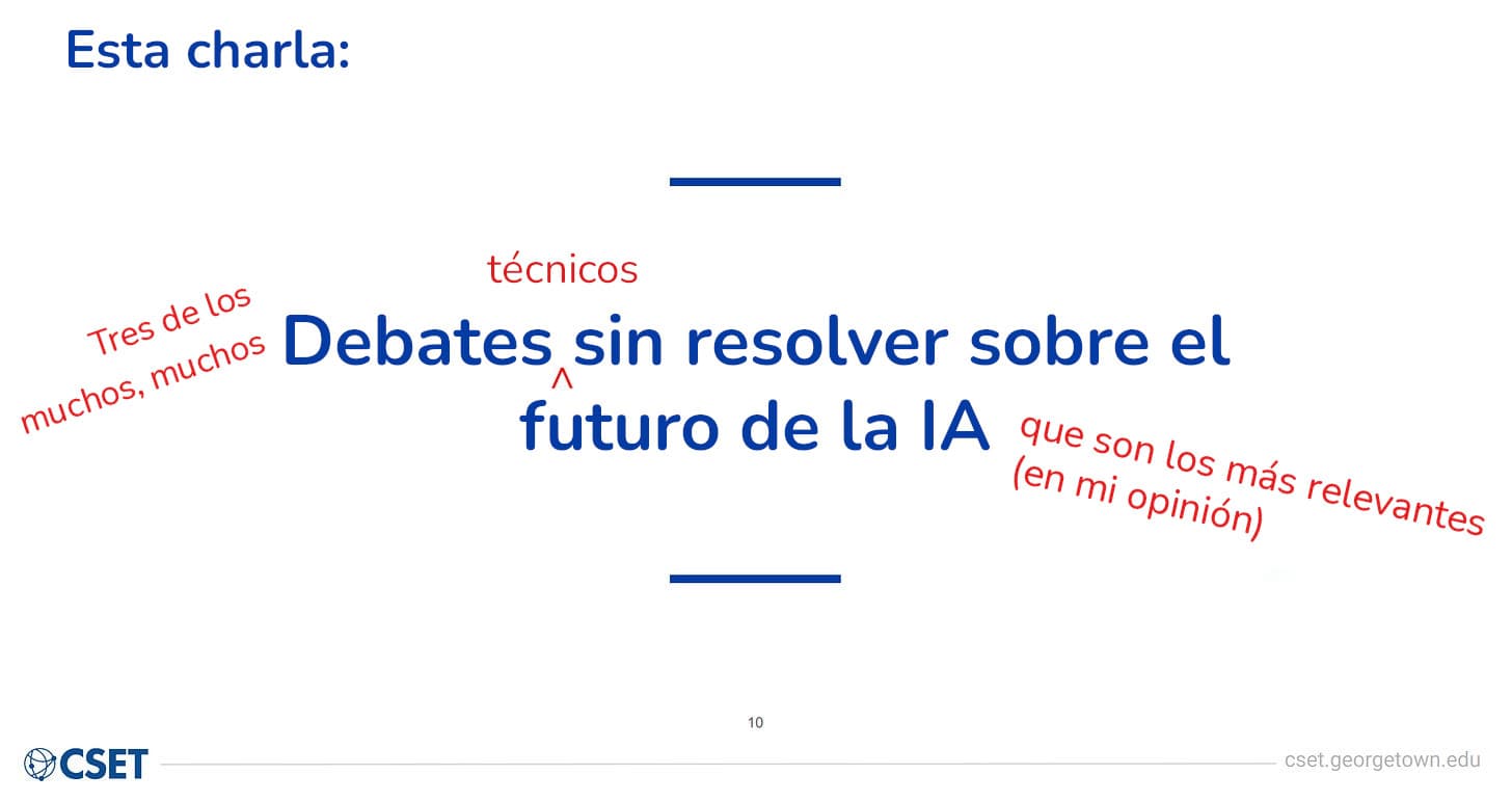 Diapositiva de título de CSET con un título editado de forma lúdica en el que las anotaciones manuscritas en rojo «Tres de los muchos, muchos», «Técnicos» y «Que son más relevantes (en mi opinión)» se superponen al título principal en azul y negrita; un pequeño logotipo del globo terráqueo de CSET aparece en la esquina inferior izquierda.