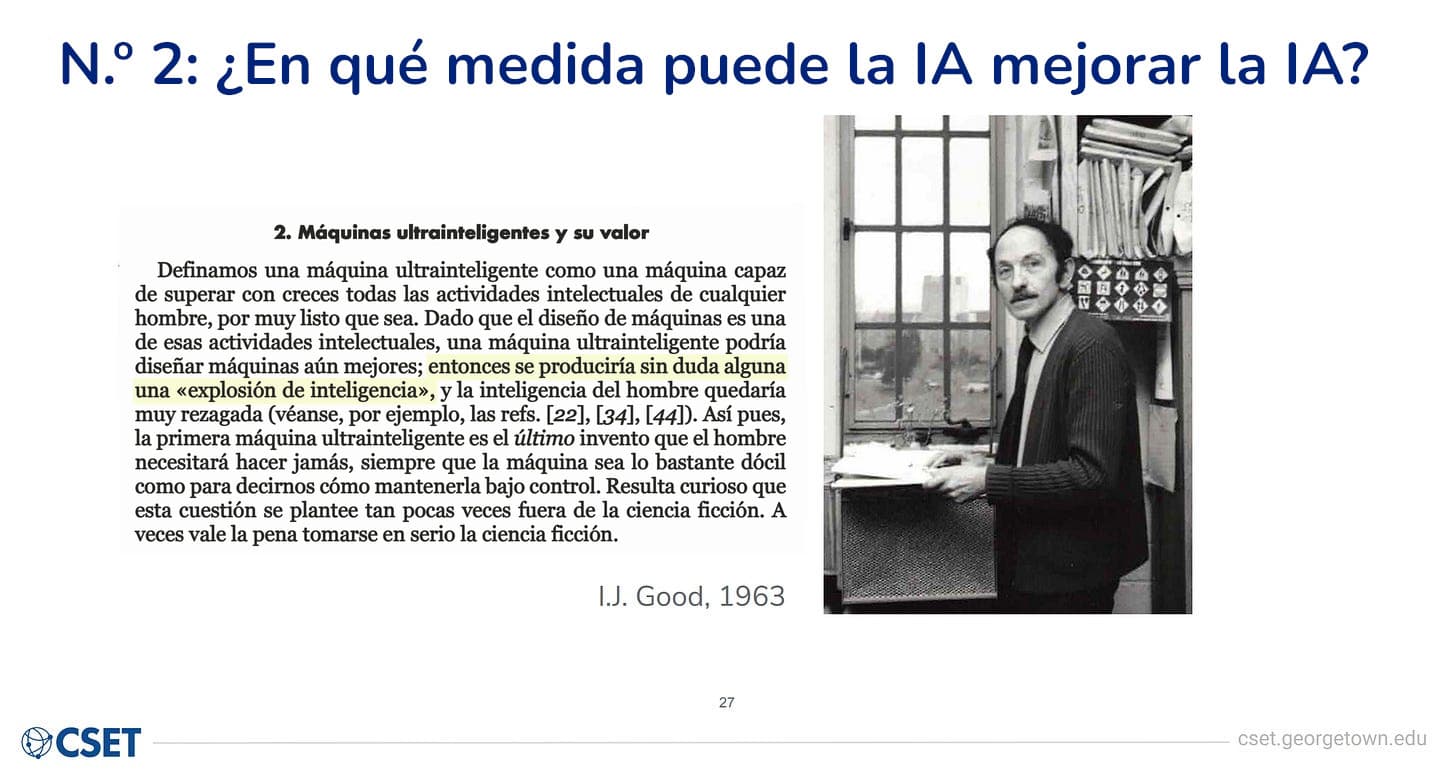 Diapositiva de CSET con un extracto escaneado de una página del artículo de I. J. Good de 1963 «Ultraintelligent Machines and Their Value» a la izquierda (con la cláusula de la «explosión de inteligencia» resaltada en amarillo), y una fotografía en blanco y negro de Good a la derecha, sentado en un escritorio frente a una ventana acristalada, vestido con un cárdigan a rayas.