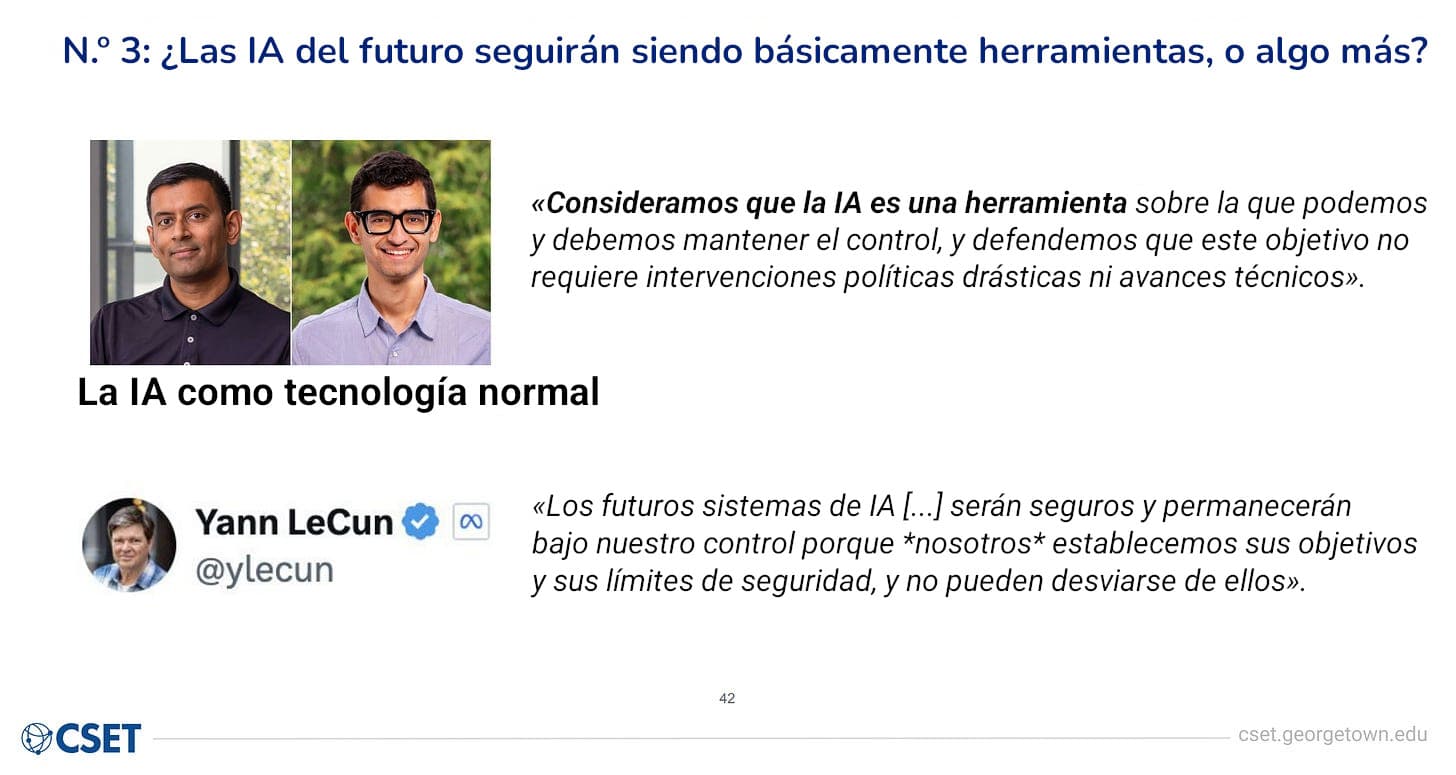 Diapositiva de CSET que yuxtapone dos enfoques de la «IA como herramienta»; la mitad superior muestra retratos de Arvind Narayanan y Sayash Kapoor con la etiqueta «La IA como tecnología normal» junto a una cita destacada, y la mitad inferior muestra un pequeño avatar circular de Yann LeCun junto a su nombre de usuario @ylecun y una cita en la misma línea.