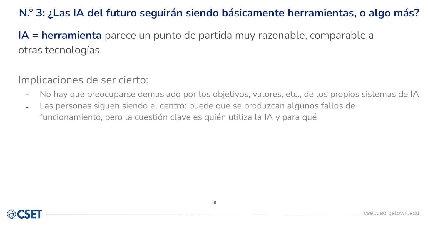 Diapositiva de CSET solo con texto, con un titular que plantea «IA = herramienta» como un punto de partida razonable, seguido de una lista de dos puntos sobre las implicaciones; por lo demás, la diapositiva tiene un fondo blanco con el número 46 en la parte inferior.
