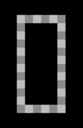Un rectángulo negro alto bordeado por una sola fila de baldosas cuadradas alternadas de color gris claro y gris oscuro, que forma un marco sencillo estilo tablero de ajedrez alrededor de un interior negro y vacío.