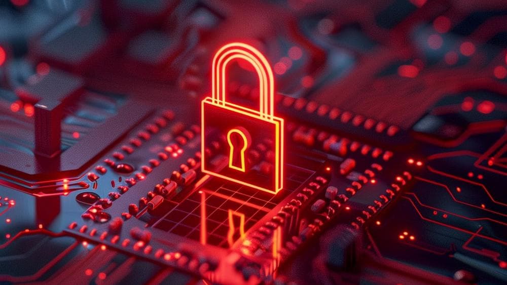 Un icono de candado de neón rojo brillante se cierne sobre una placa de circuitos oscura, con una luz teñida de rojo que se refleja en los intrincados componentes electrónicos, cables y pistas que hay debajo.