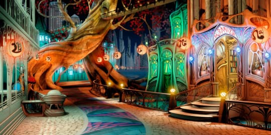 Pintura digital de una calle nocturna en una ciudad de estilo Art Nouveau: un enorme árbol retorcido, adornado con farolillos de papel luminosos, se arquea sobre un pavimento de baldosas, junto a escaparates con paneles de vidrieras en tonos verde, violeta y ámbar.