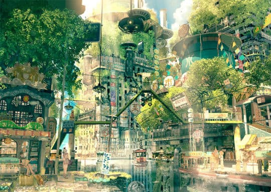 Ilustración de una calle japonesa bañada por el sol y reconquistada por la vegetación: los escaparates y los letreros colgantes están envueltos por árboles y enredaderas, al fondo se alzan torres verdes con forma de disco y un pequeño tranvía espera en una plaza inundada.