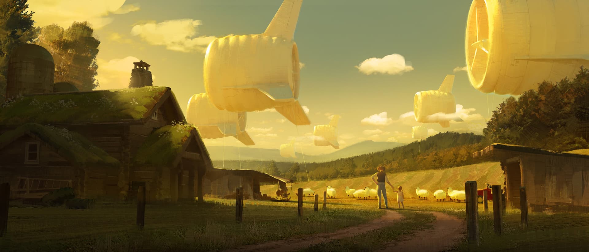 Pintura de una granja a la hora dorada: dirigibles de carga con forma de turbina flotan a baja altura sobre un camino de tierra entre graneros de madera con techos de hierba, mientras un granjero y un niño caminan junto a un rebaño de ovejas.