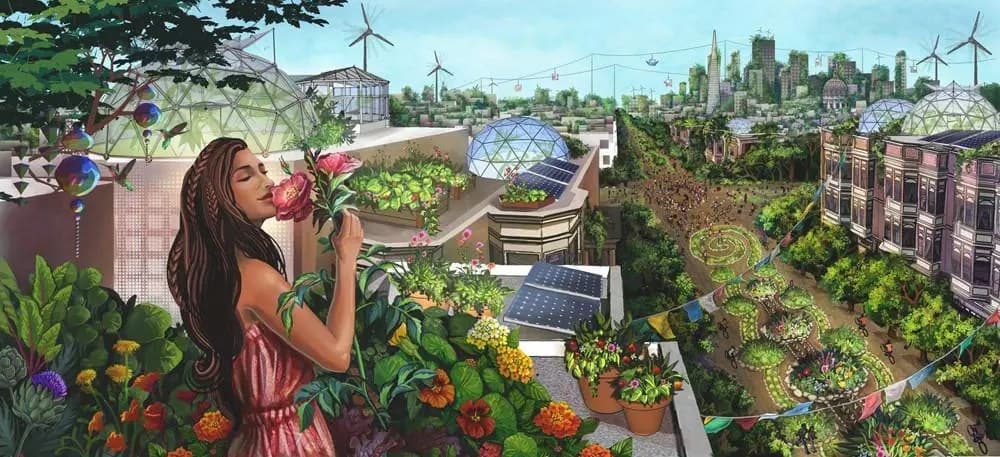 Ilustración al estilo mural de una mujer oliendo una rosa en una azotea ajardinada, con paneles solares, invernaderos geodésicos, banderines, aerogeneradores y el perfil urbano verde de la ciudad extendiéndose a sus espaldas.