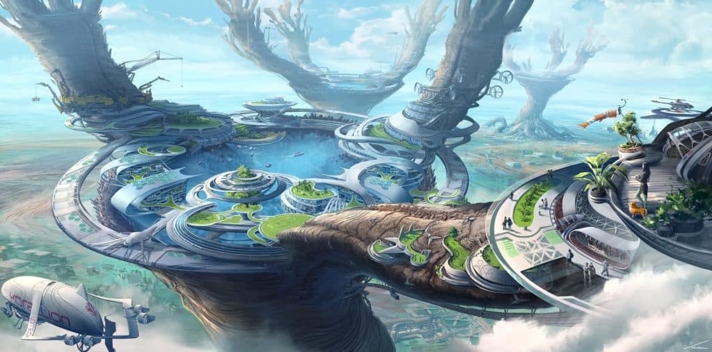 Arte conceptual de un asentamiento construido en el dosel de árboles colosales: pasarelas blancas curvas y jardines en terrazas rodean una laguna central, con un pequeño dirigible pasando por debajo de las nubes.