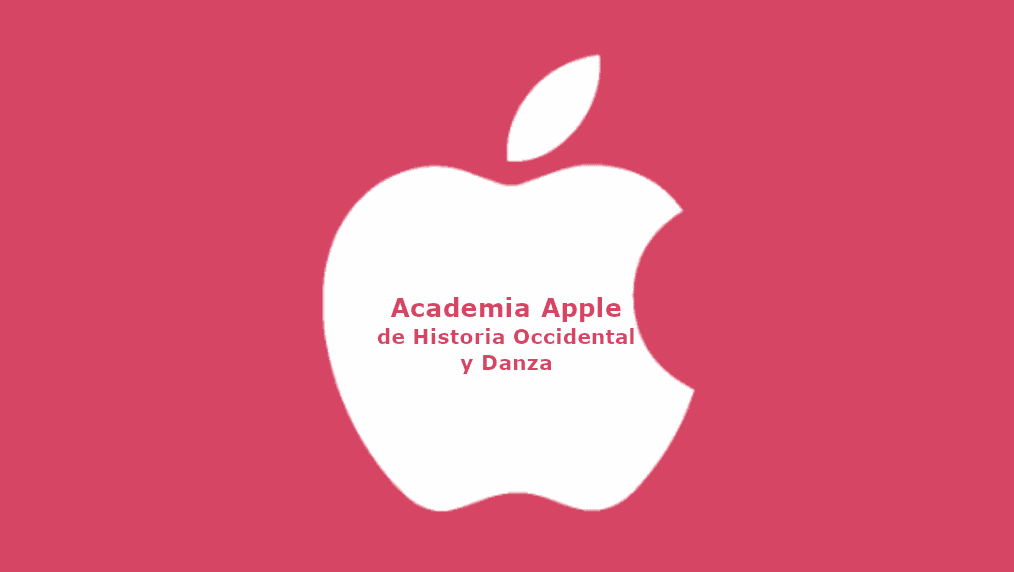 La figura muestra un logotipo en forma de manzana con el texto 'Academia Apple de Historia Occidental y Danza' en su interior, sobre un fondo rojo.