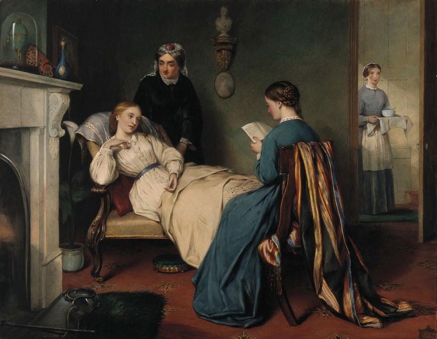 En un entorno sereno e íntimo, se representa a tres mujeres en una habitación de estilo victoriano. Una de ellas está recostada en una silla tapizada con una tela clara, con expresión pensativa mientras apoya la cabeza en una mano. Lleva un sencillo vestido blanco, acentuado por un cinturón azul claro. Detrás de ella hay otra mujer, vestida con un vestido oscuro y un pañuelo en la cabeza, que la mira con aire afectuoso. Sentada en una silla cercana, una mujer vestida de azul sostiene un libro abierto, aparentemente absorta en sus páginas. Lleva el pelo peinado en un elegante recogido. Al fondo, una tercera mujer con un vestido más claro, que lleva una bandeja con un cuenco, entra en la habitación a través de una puerta, insinuando un ambiente de apoyo. La habitación está adornada con una alfombra roja estampada, una chimenea de mármol a la izquierda con un jarrón decorativo y una pequeña planta verde cerca, y una pequeña estatua montada en la pared que añade un toque artístico a la escena. El ambiente general transmite una sensación de comodidad y cuidado entre las mujeres.