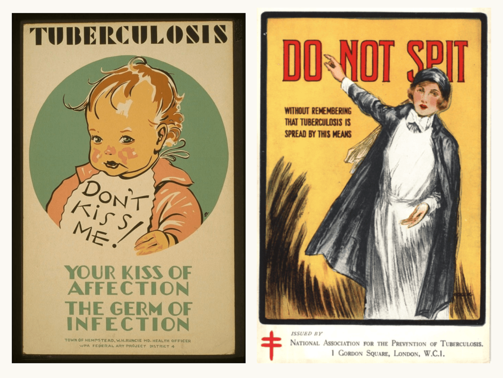 A la izquierda, hay un cartel sanitario antiguo con un bebé ilustrado de pelo rizado y cara regordeta. El bebé sonríe y lleva un babero que dice '¡NO ME BESES!' Encima del niño, la palabra 'TUBERCULOSIS' aparece en letras grandes. El cartel subraya el mensaje de que el afecto de un beso puede propagar gérmenes. A la derecha, otro cartel antiguo muestra a una mujer vestida con un atuendo de principios del siglo XX, que incluye un abrigo largo, y gesticulando con una mano levantada. El texto de la parte superior dice 'NO ESCUPA', mientras que una advertencia debajo explica que la tuberculosis se propaga de esta forma. El cartel está diseñado con un fuerte contraste visual, utilizando un fondo amarillo y un estilo de dibujo que añade un elemento de urgencia al mensaje. En la parte inferior de este cartel hay una nota que indica que fue publicado por la Asociación Nacional para la Prevención de la Tuberculosis, con sede en 1 Gordon Square, Londres, W.C.1.