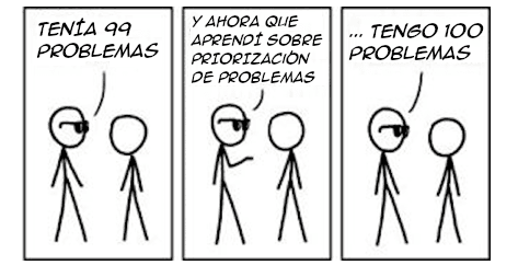 Una tira cómica de tres paneles en la que una figura de palo con gafas de sol dice: 'Tenía 99 problemas', y después de aprender sobre la 'priorización de problemas', dice que ahora tiene '100 problemas'.