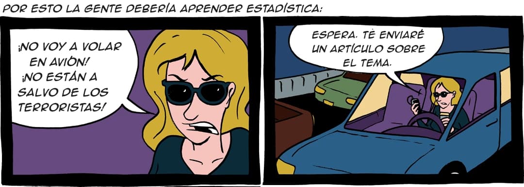 Una mujer expresa su miedo a volar debido al terrorismo, mientras, irónicamente, envía un mensaje de texto al respecto mientras conduce en medio del tráfico, lo que destaca la importancia de comprender las estadísticas.