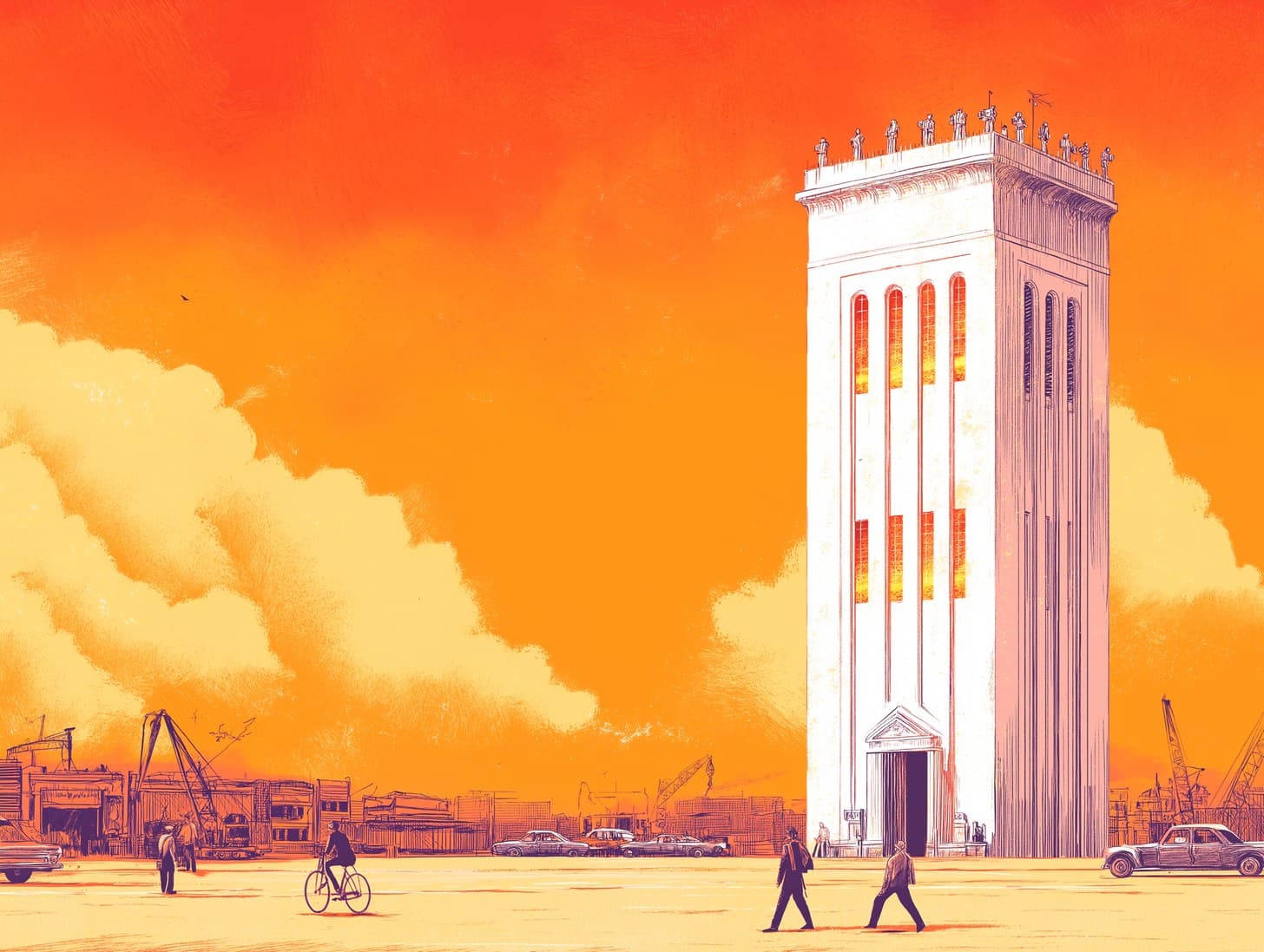 Ilustración de una alta torre blanca de aspecto clásico, con estatuas en la cornisa, que se alza en una amplia explanada bajo un cielo anaranjado; a su alrededor hay grúas, almacenes, automóviles antiguos y algunas personas que caminan o van en bicicleta.