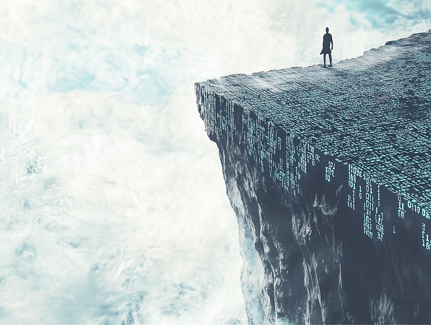 Ilustración digital de una figura humana solitaria de pie en el borde de un imponente acantilado cuya cara vertical está compuesta por cascadas de código binario azul brillante, con nubes arremolinadas en el abismo debajo.