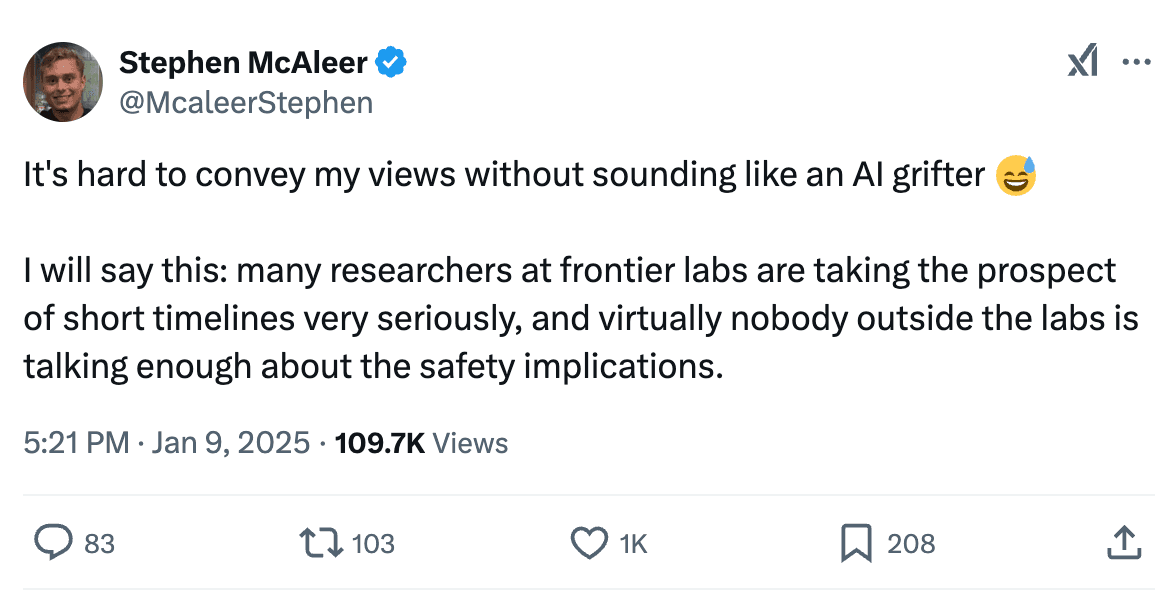 Captura de pantalla de un tuit de Stephen McAleer (@McaleerStephen) con una marca de verificación en X, que muestra el cuerpo del mensaje, la marca de tiempo, el número de visualizaciones y los contadores de interacción.